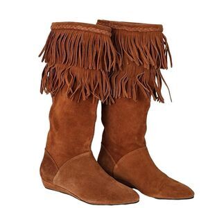 Gianni Bini rust suede knee high tall slouchy fringed boots with 1" wedge